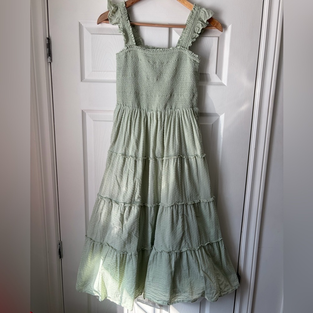 J.Crew Swiss Dot Smocked Midi Dress Sage Green Tiered 100% Cotton XXS